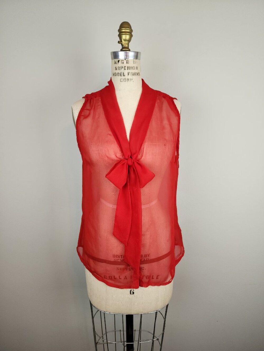 Guess Sheer Red KItty Bow Sleeveless Blouse